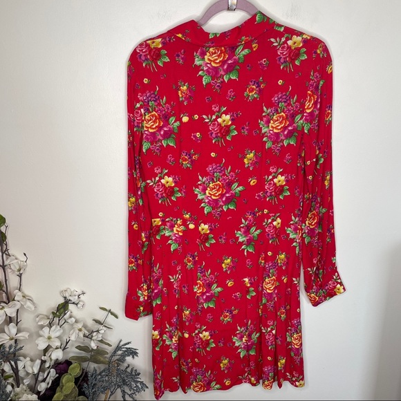 & OTHER STORIES Pleated Long Sleeve Shirt Dress Floral Red - Picture 7 of 9